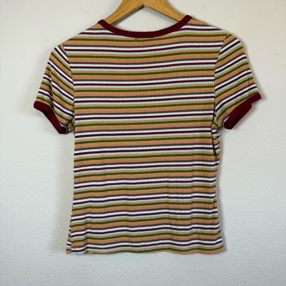 Rue 21 Retro Maroon Stripe Short Sleeve Super Stretchy Y2K Casual Shirt Size MED - Picture 4 of 7